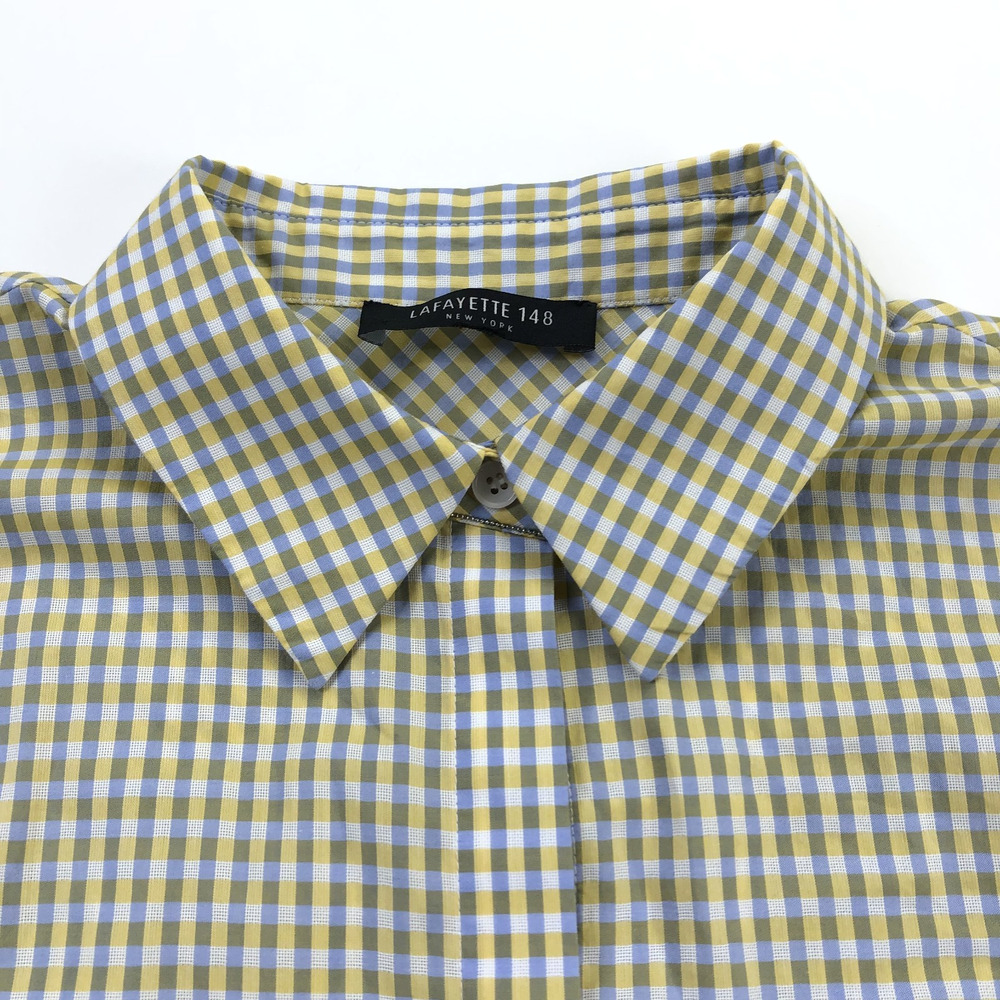 Lafayette 148 NO TAG M/L? Cotton Button Long Sleeve Check Shirt Yellow Blue MINT